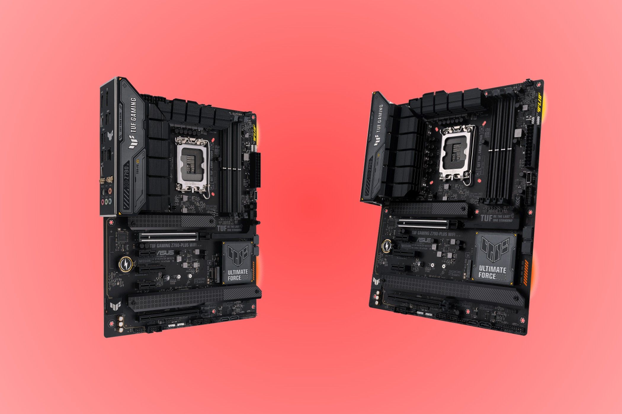 A grid of the ASUS TUF Gaming Z790-Plus WiFi on a pink background.