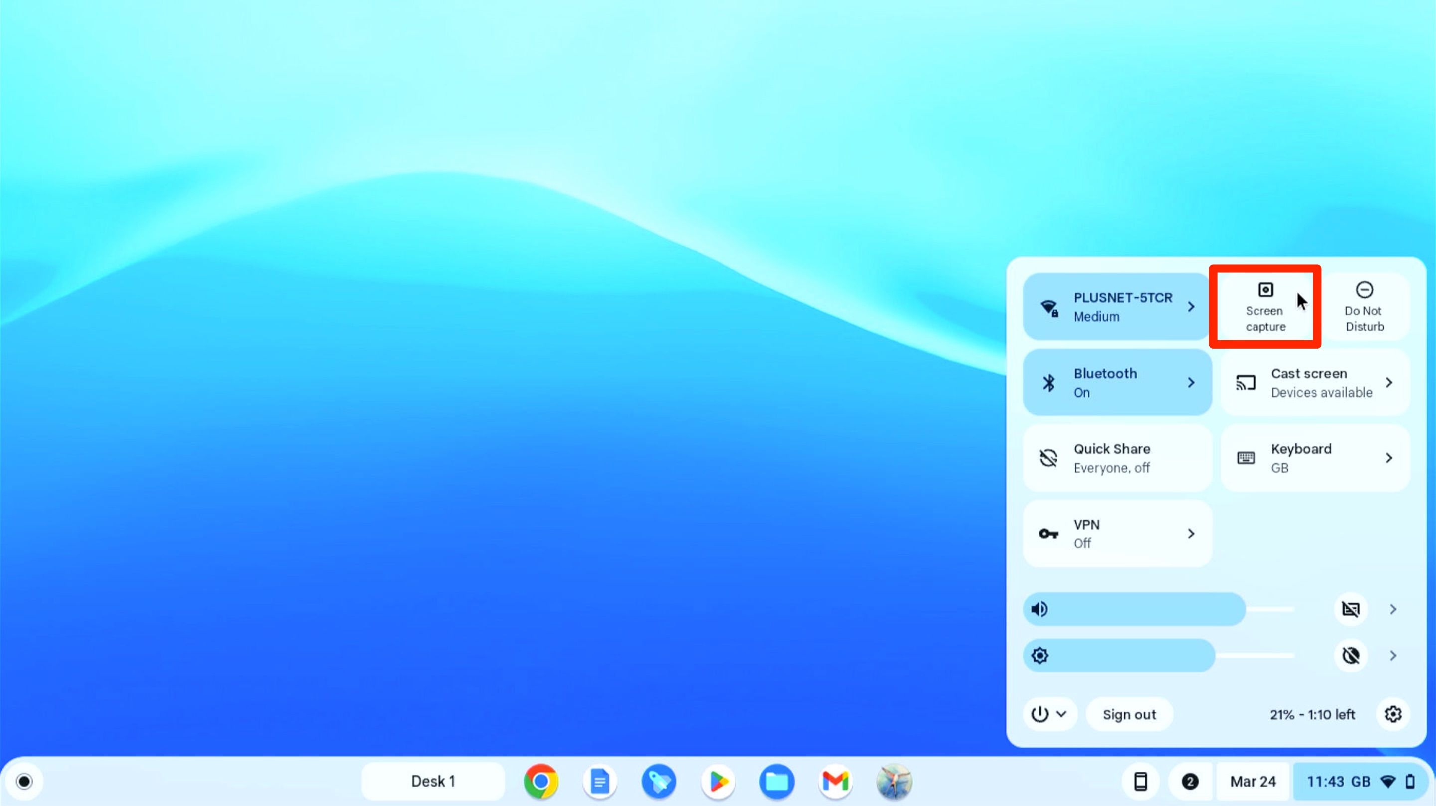 Select Screen Capture from ChromeOS quick settings