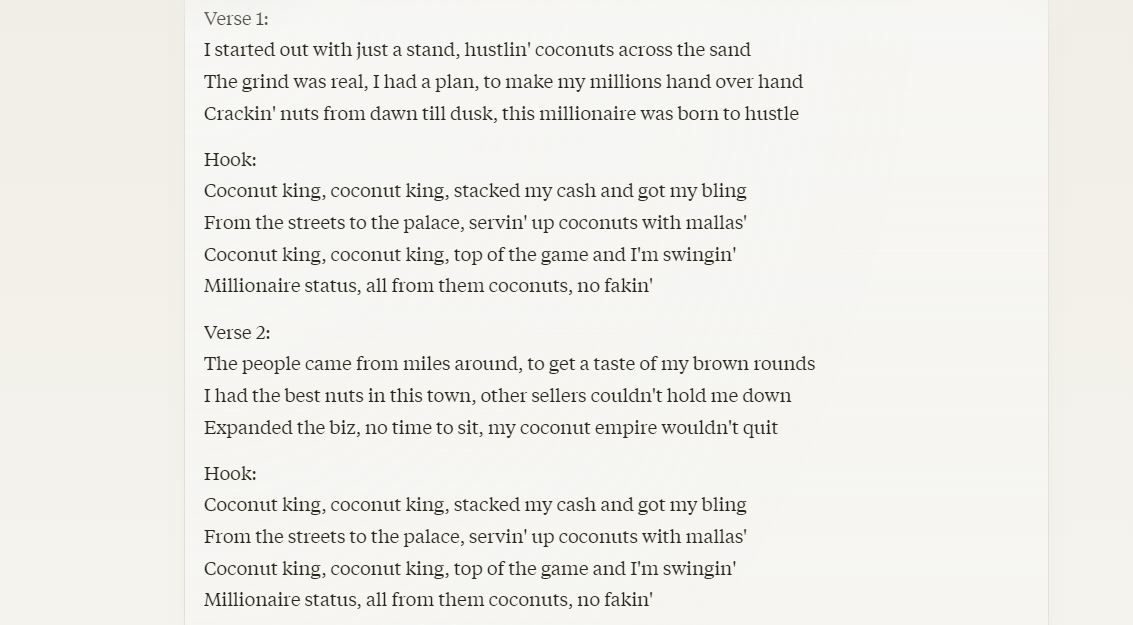 Coconut to wealth by Claude writing example song lyrics