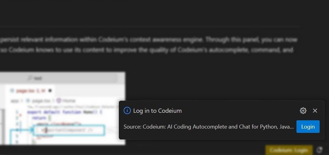 Codeium login prompt in VSCode