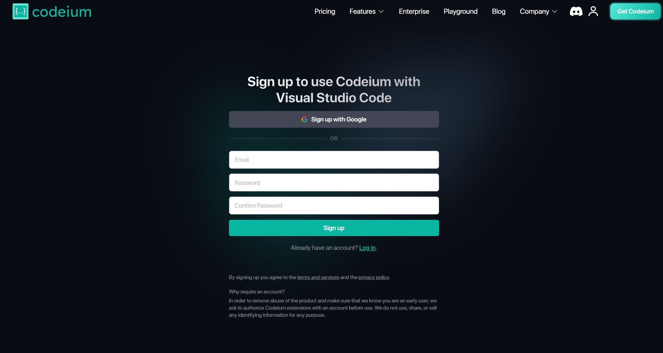 Codeium sign up page on the web