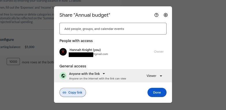 configuring the sharing options for my personal google budget spreadsheet