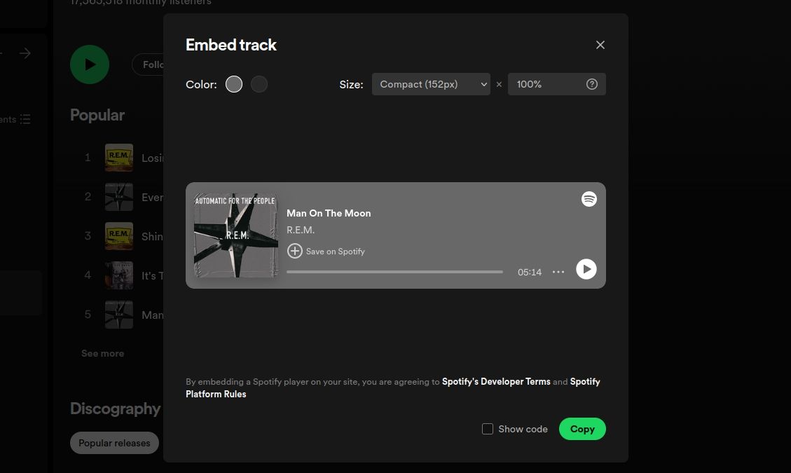 copying the embed for a track hosted on spotify