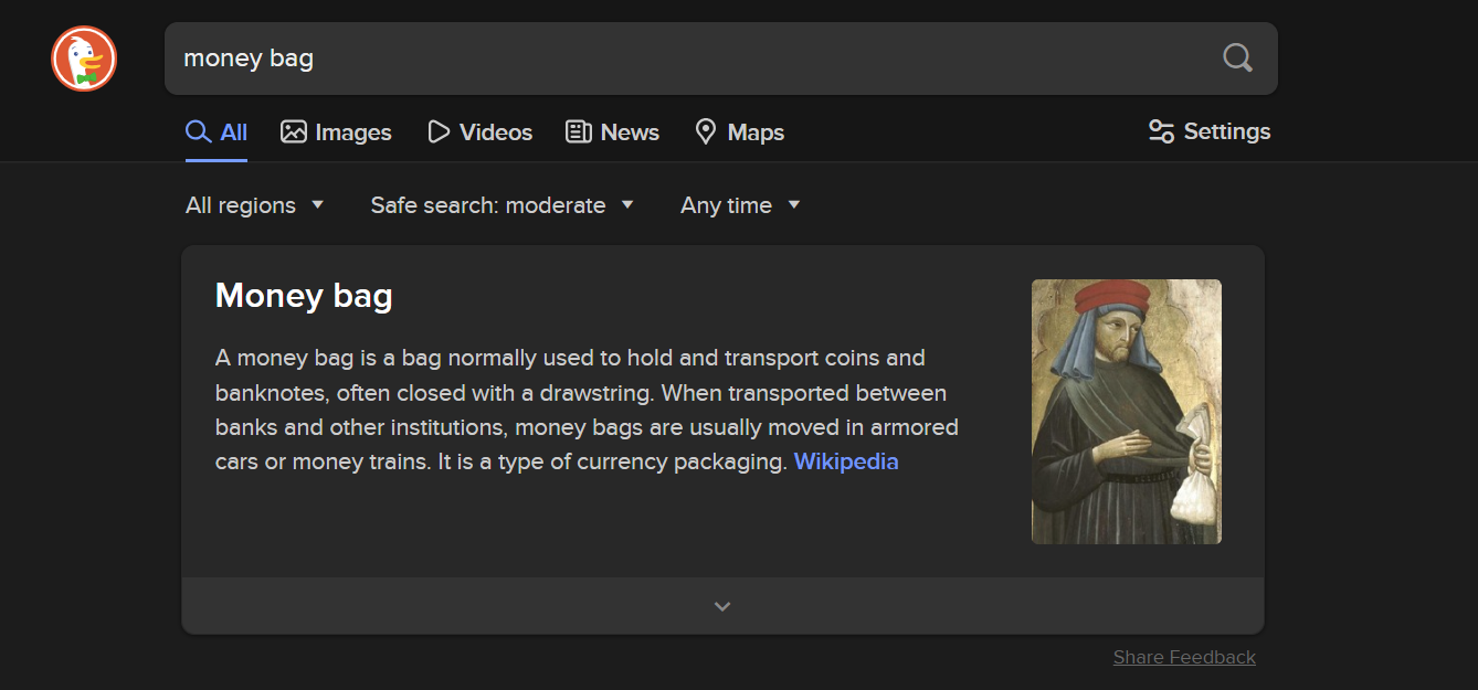 DuckDuckGo Engine Search Results page displaying results for a money bag query