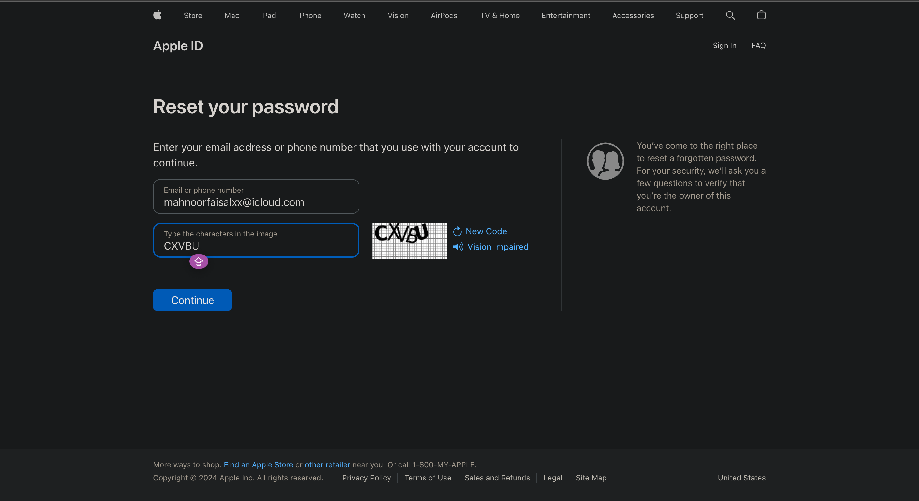 entering Apple ID to reset password via iForget website