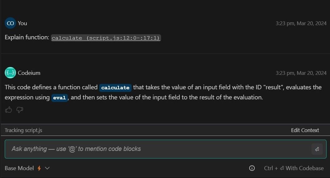 Explaining a function with Codeium in VSCode