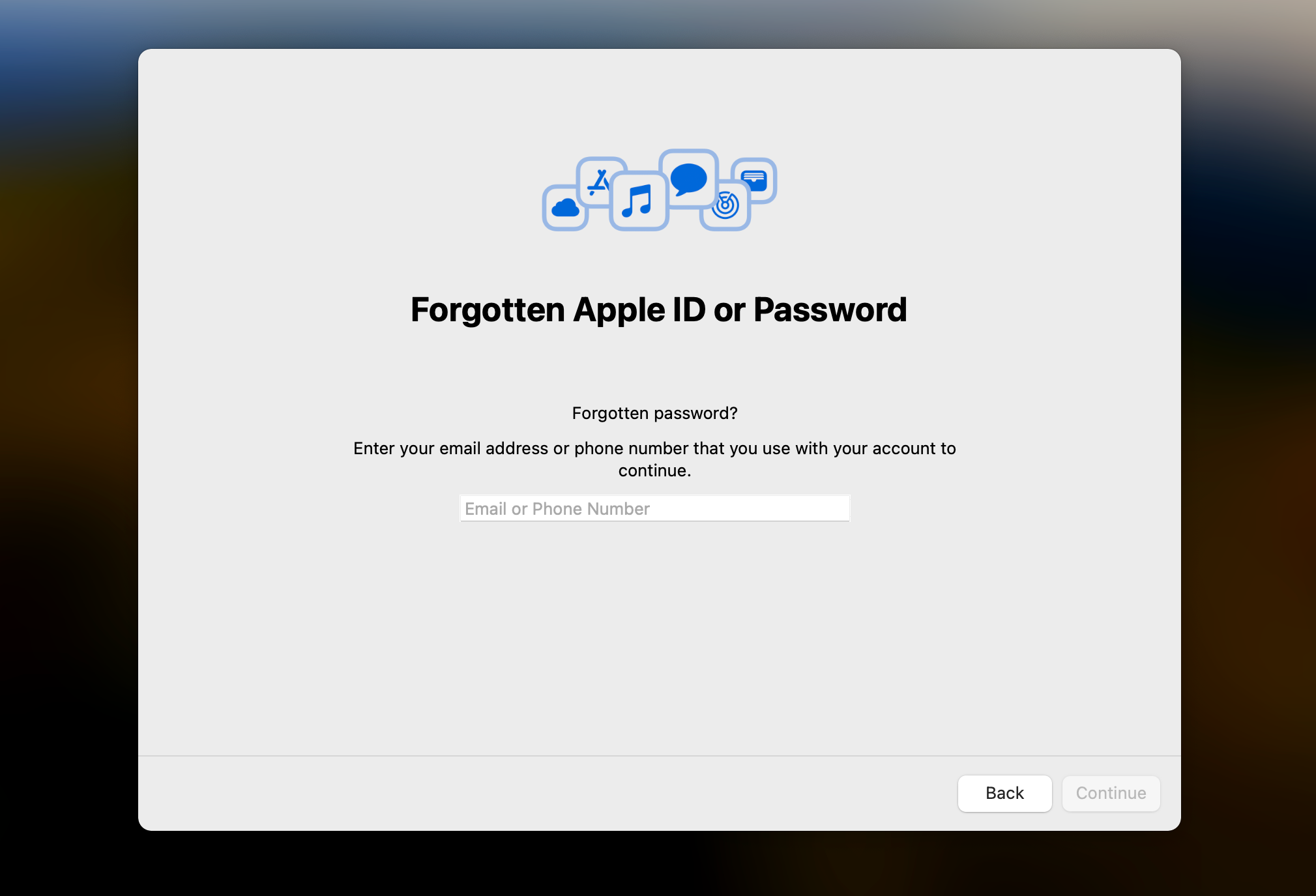 Forgotten Apple ID or Password page on Mac