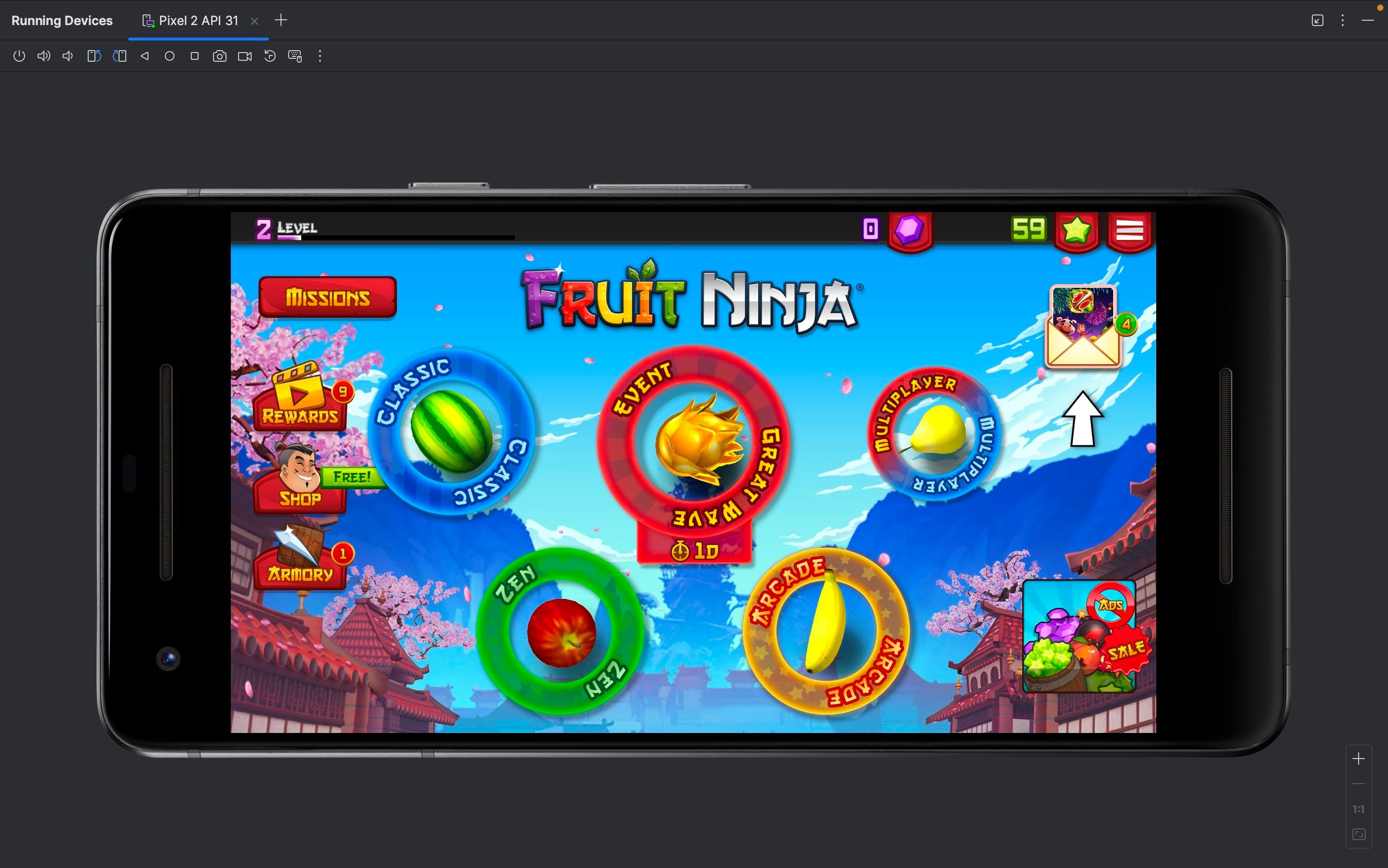 Fruit Ninja running in Android Studio on a Mac