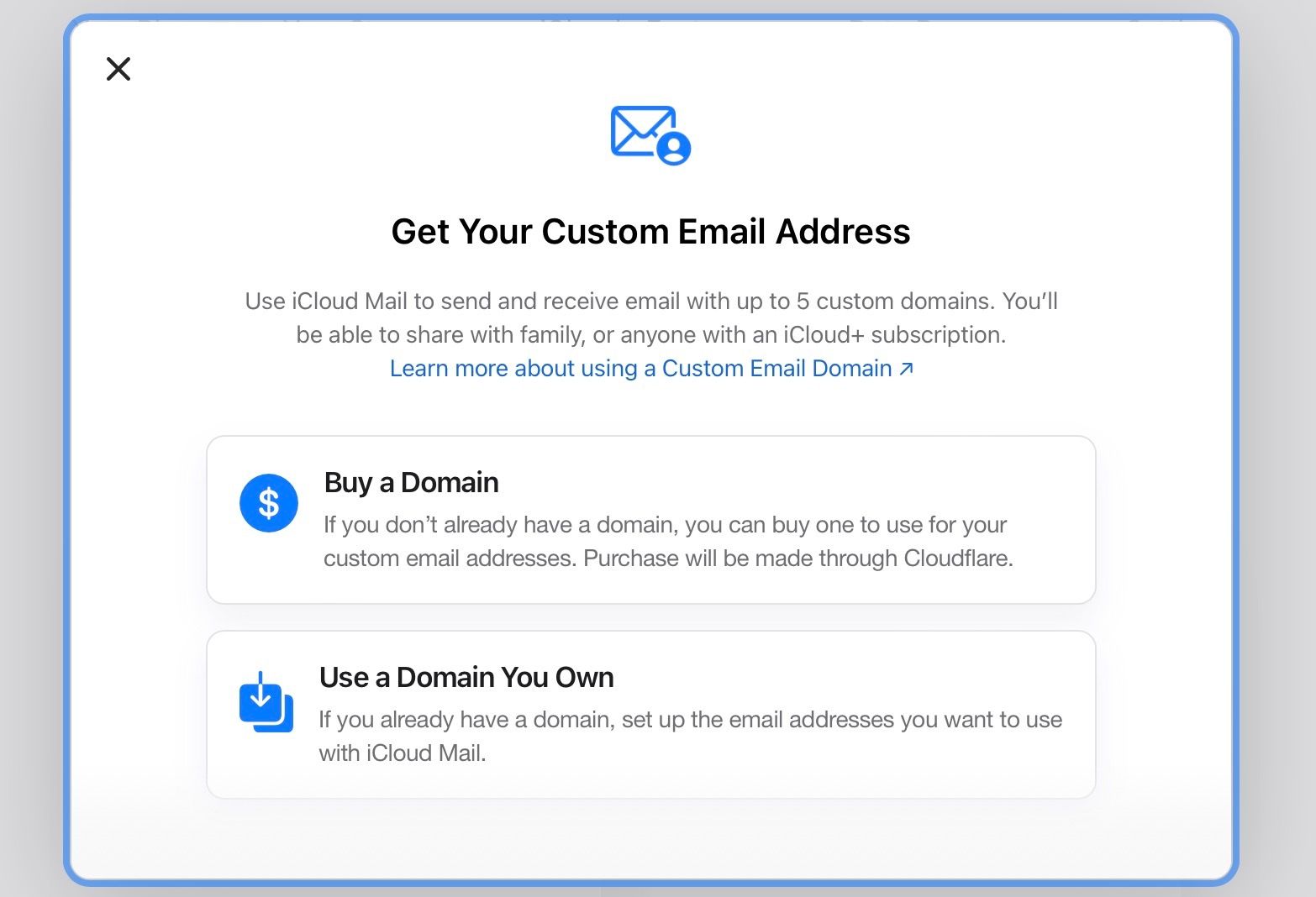 Getting a custom email address for iCloud+ on a Mac