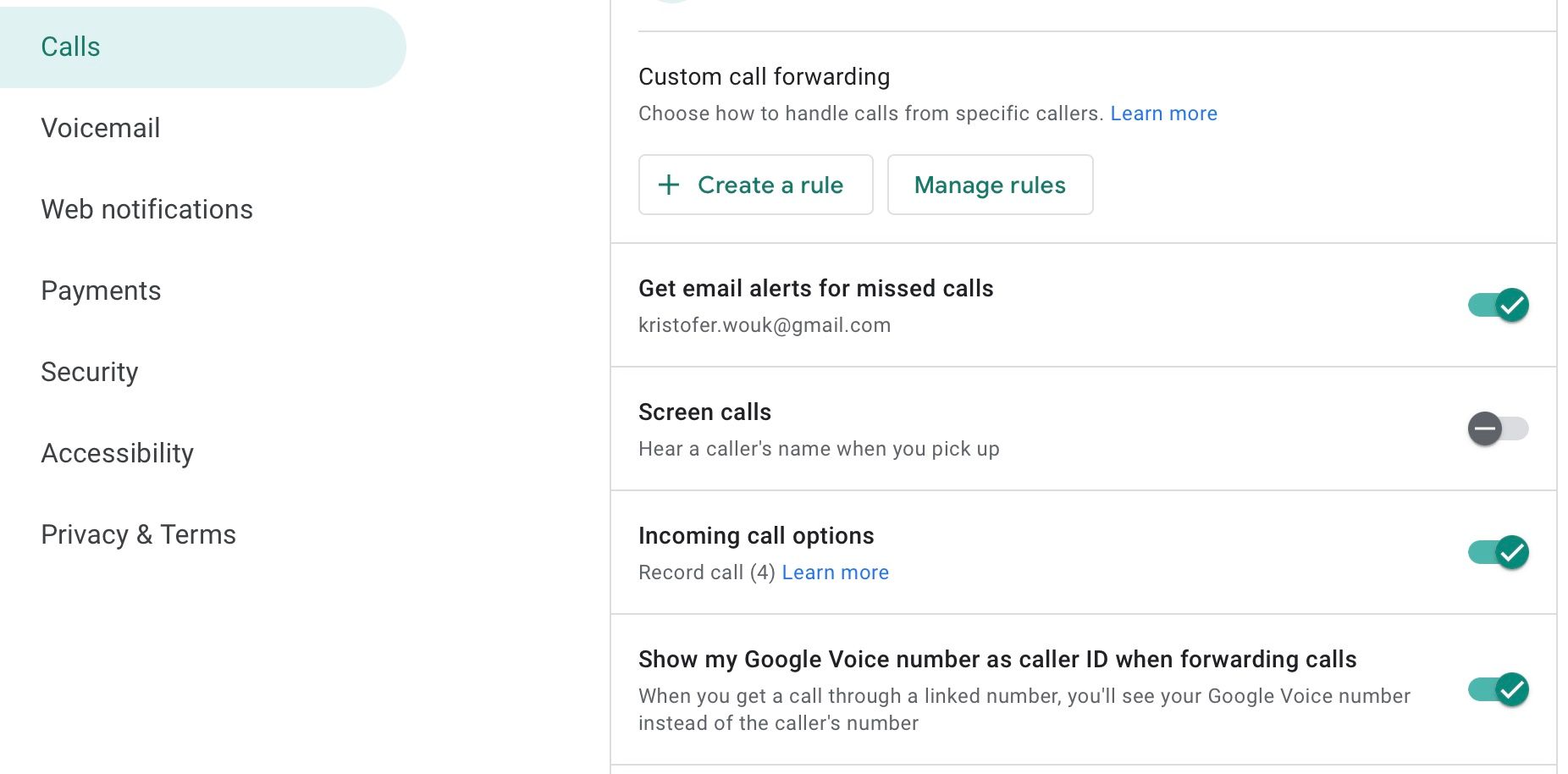 Google Voice call recording settings