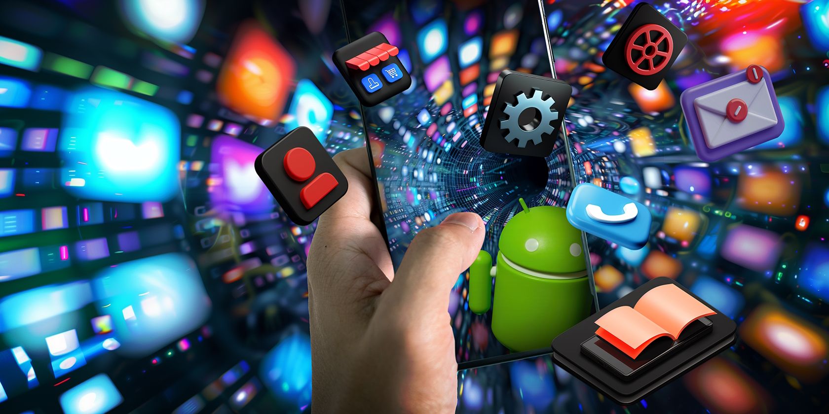 Hands holding a smartphone with vibrant app icons floating around in a dynamic, digital space