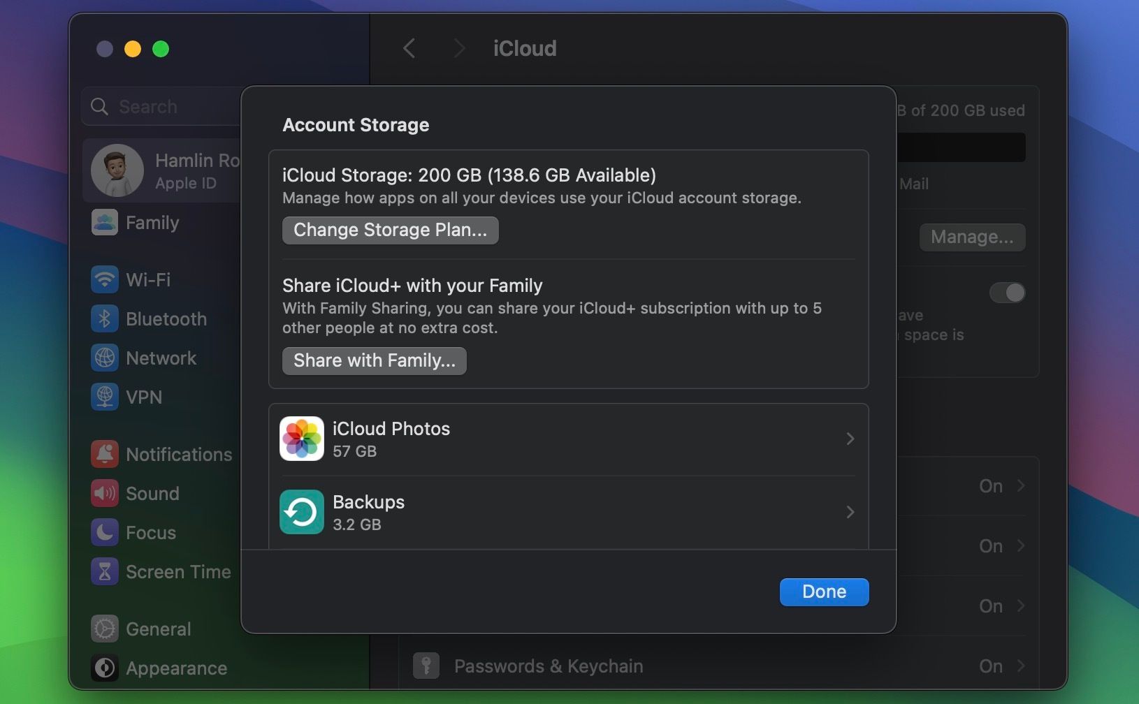 iCloud Account Storage menu in macOS