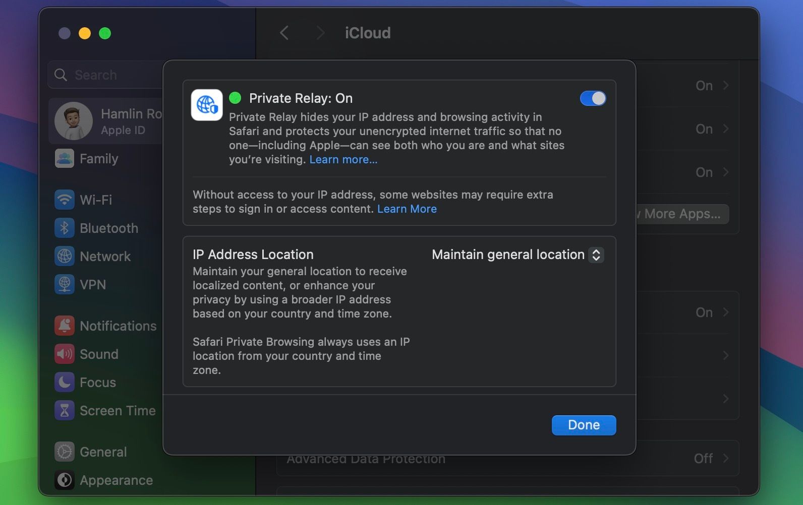 iCloud Private Relay menu in macOS