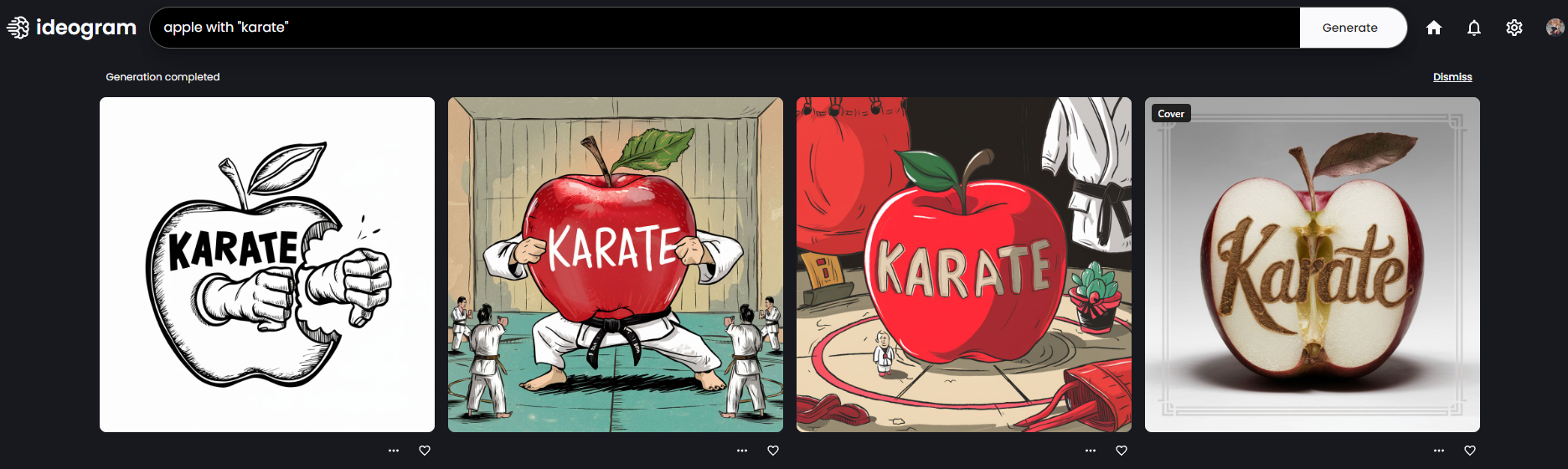 Prompt "apple with karate in quotes" on Ideogram
