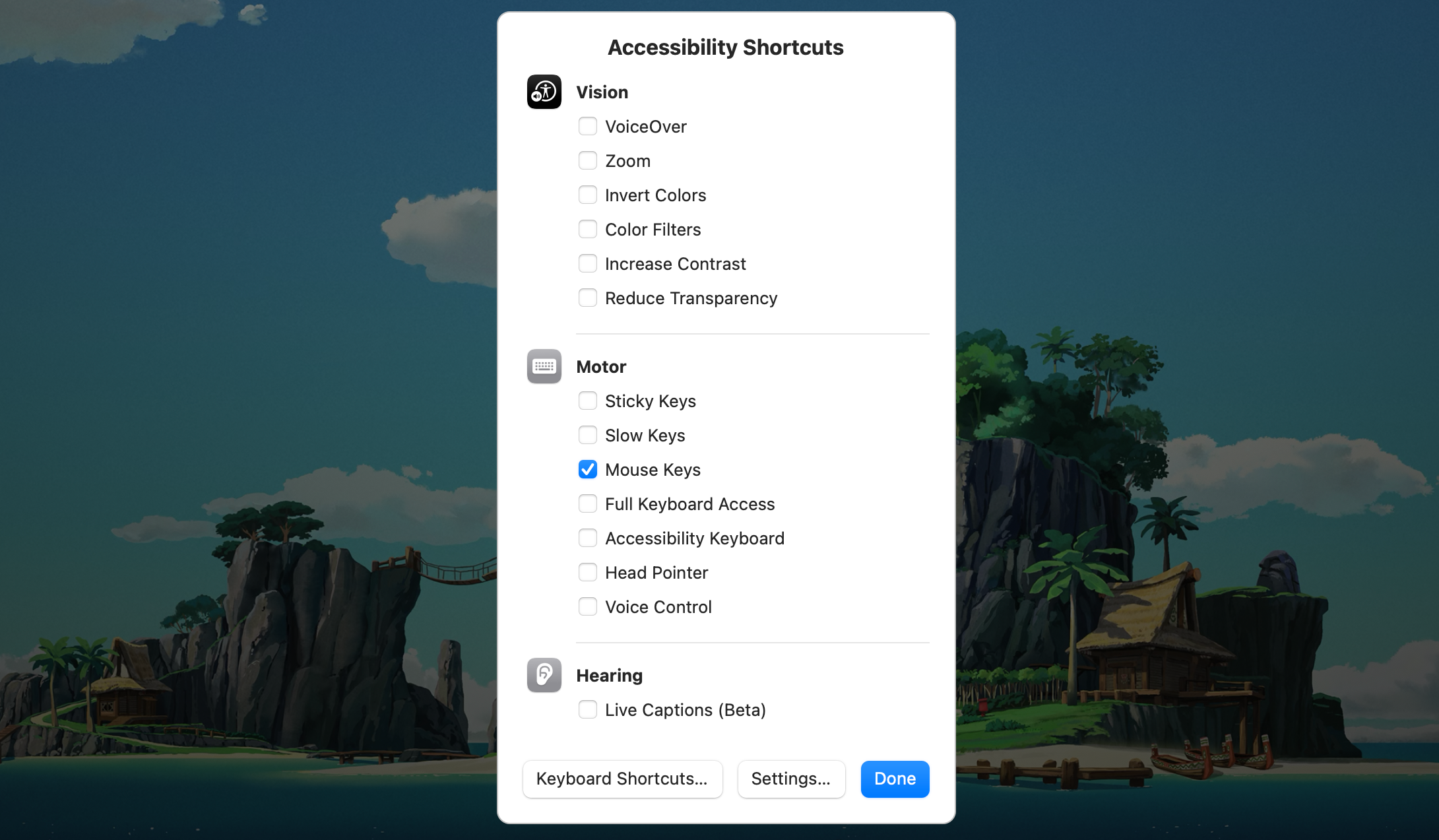 Mac Accessibility Shortcuts menu