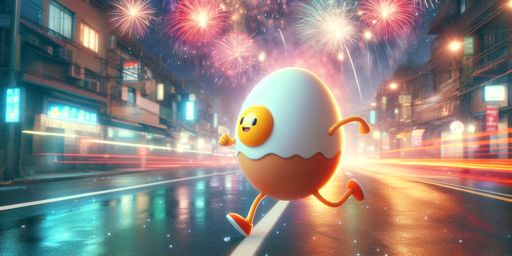 microsoft copilot image creator egg running through the streets with fireworks background