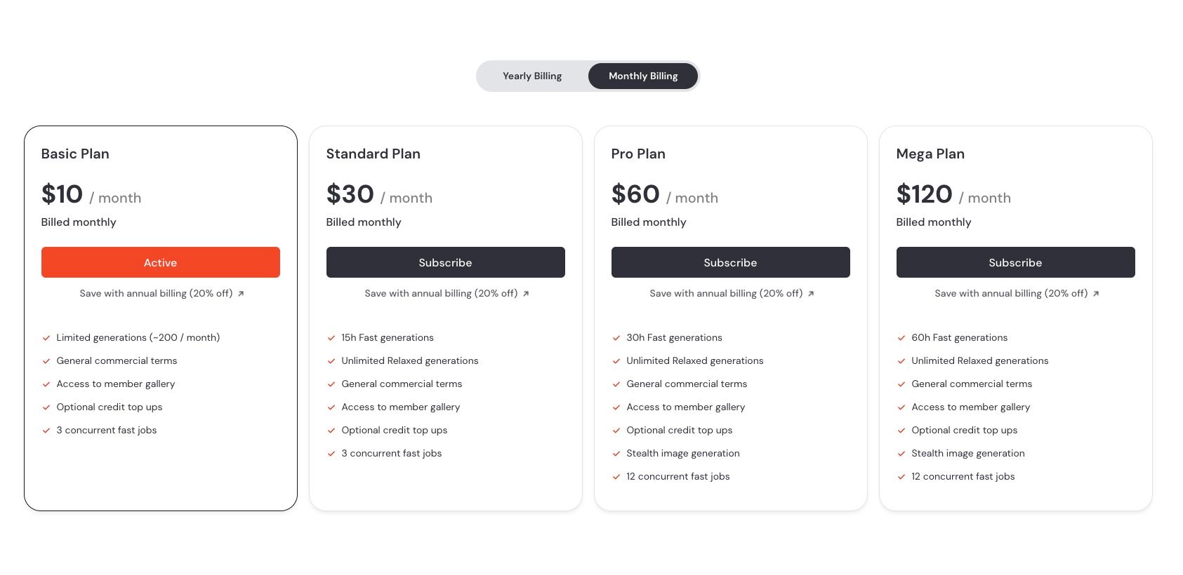Midjourney subscription plan web page overview