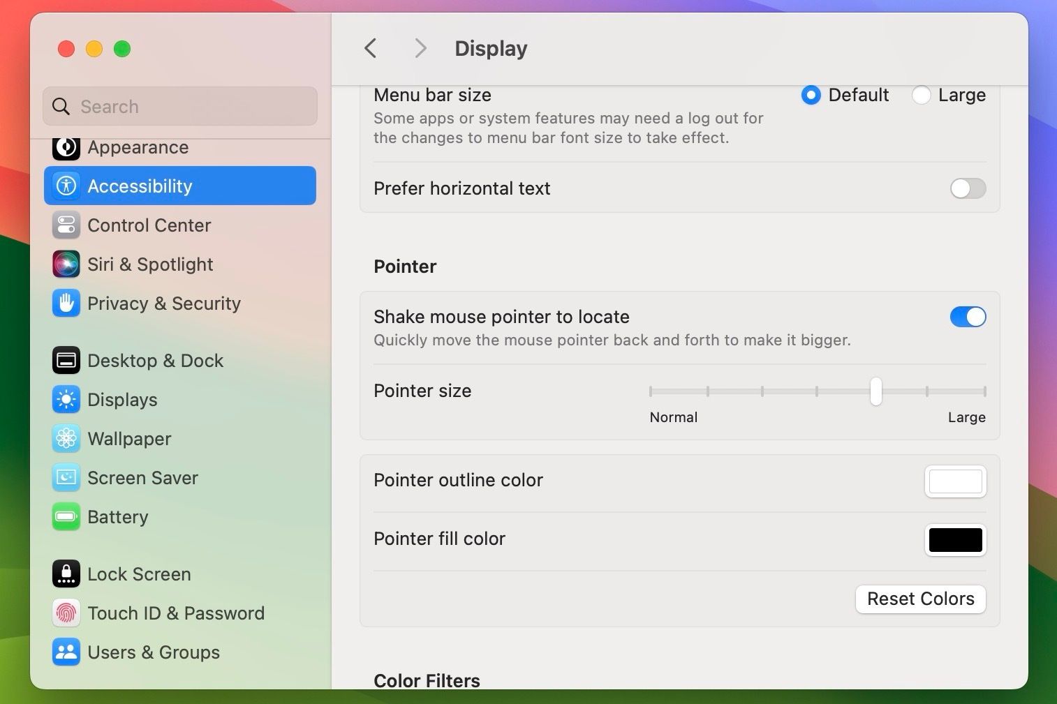 Mouse pointer settings in macOS