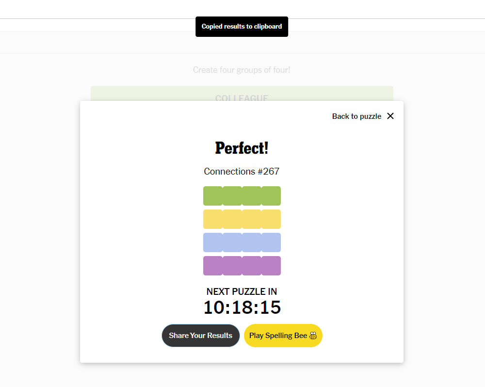 NYT's Connections results page where you can share your results
