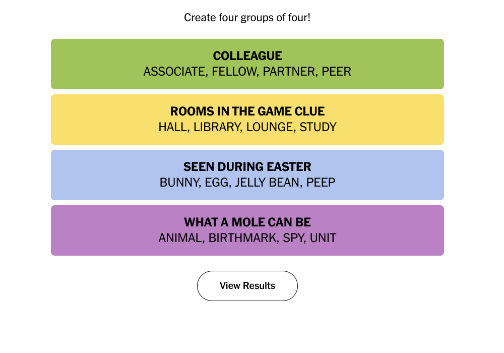All 16 words grouped correctly in the NYT's Connections game