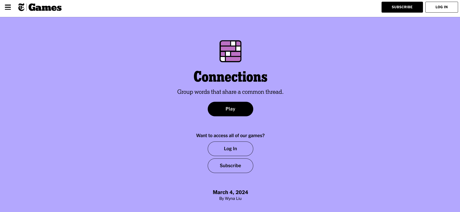 The NYT Connections homepage inviting you to play