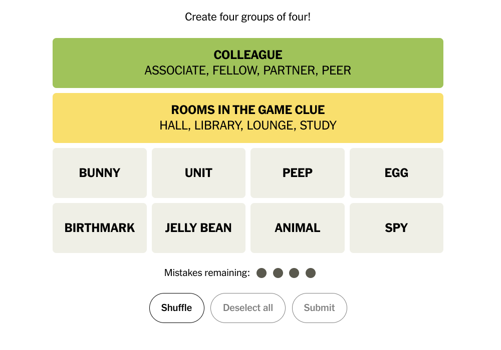 Two groups completed on NYT's Connections game