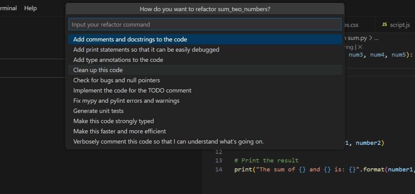 Options to refactor code with Codeium in VSCode