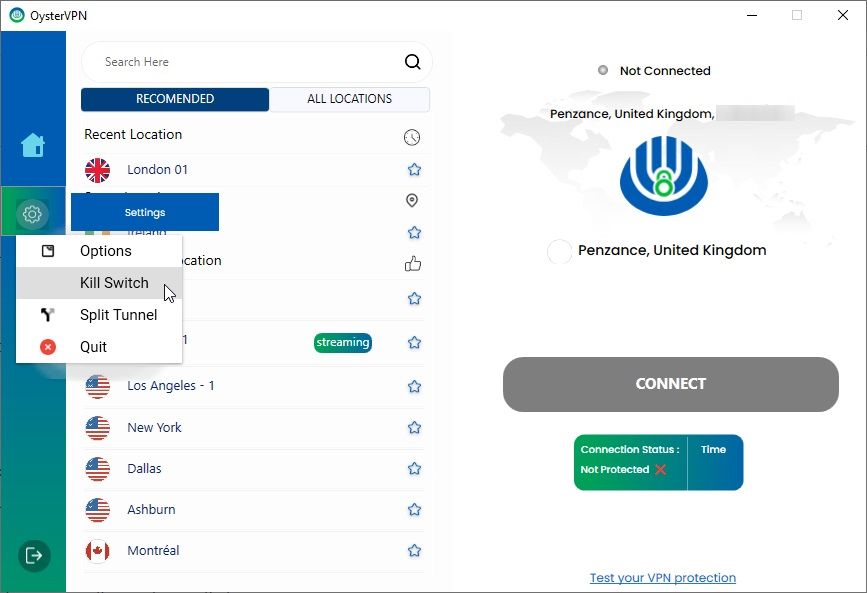 oystervpn turn off kill switch option