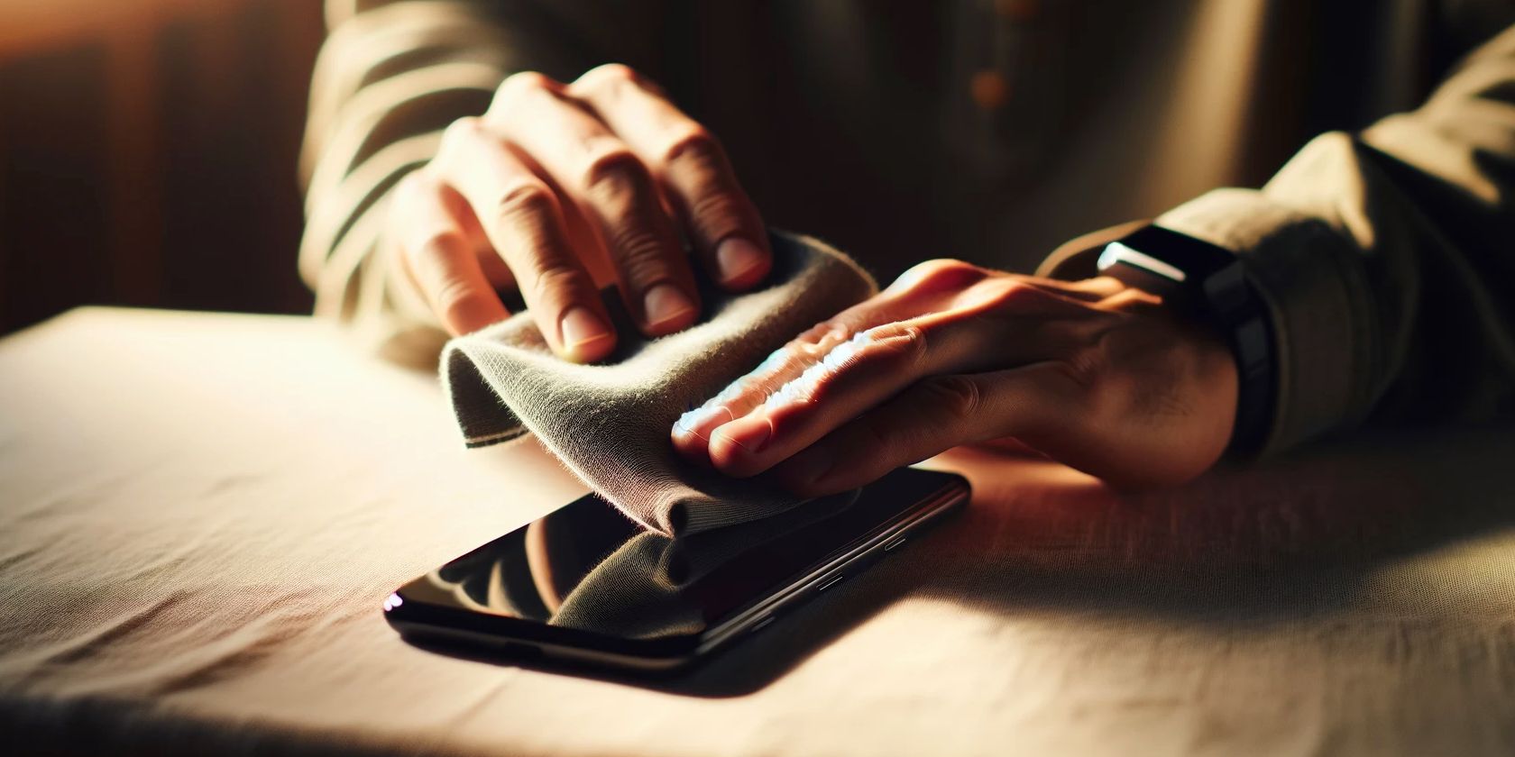 person cleaning smartphone using microfibre cloth