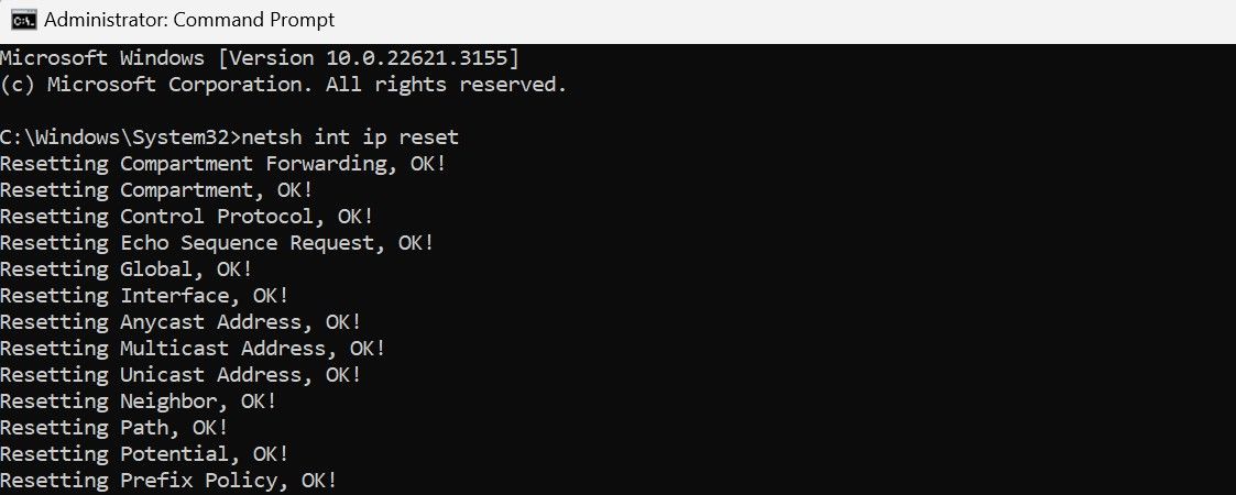 Resetting the TCP IP stack in Windows Command Prompt.
