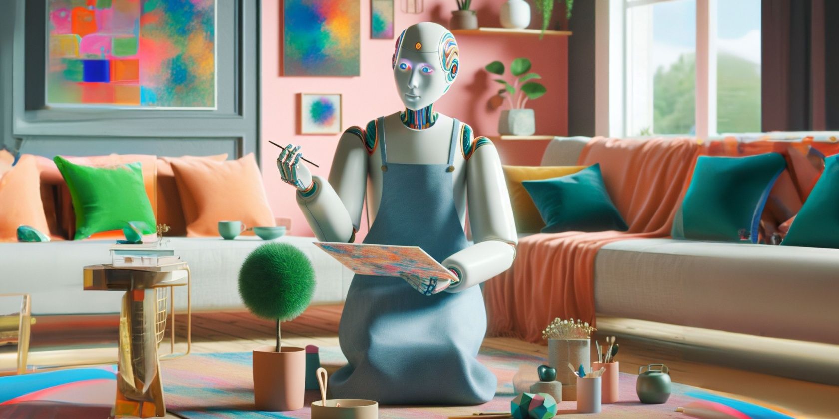 Robot Kneeling and Painting in Colorful Room