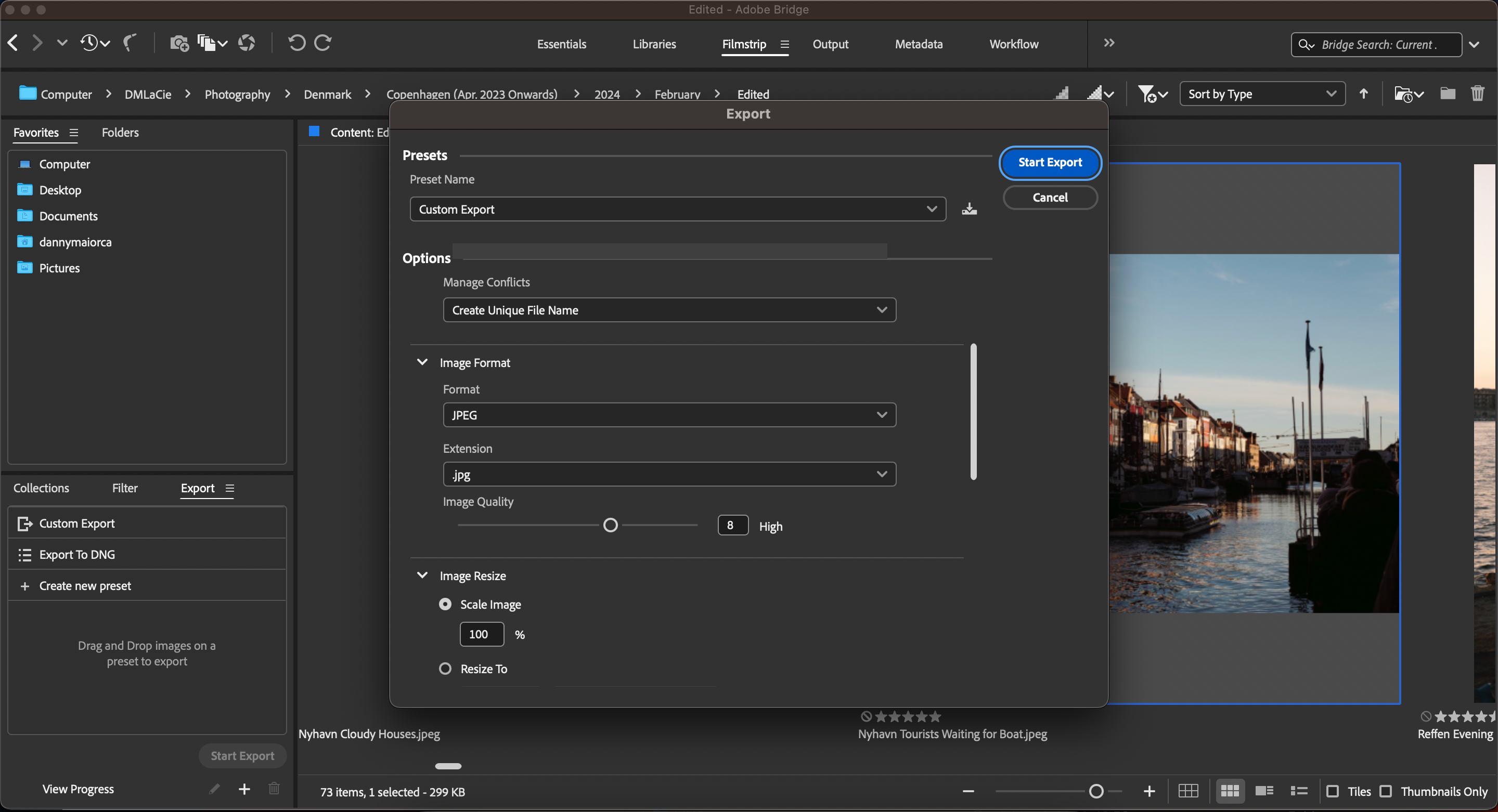 The Custom Export Screen in the Adobe Bridge App