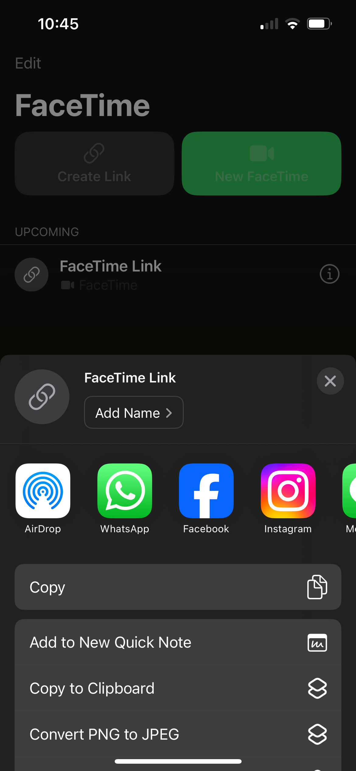 Share sheet in iPhone FaceTime app