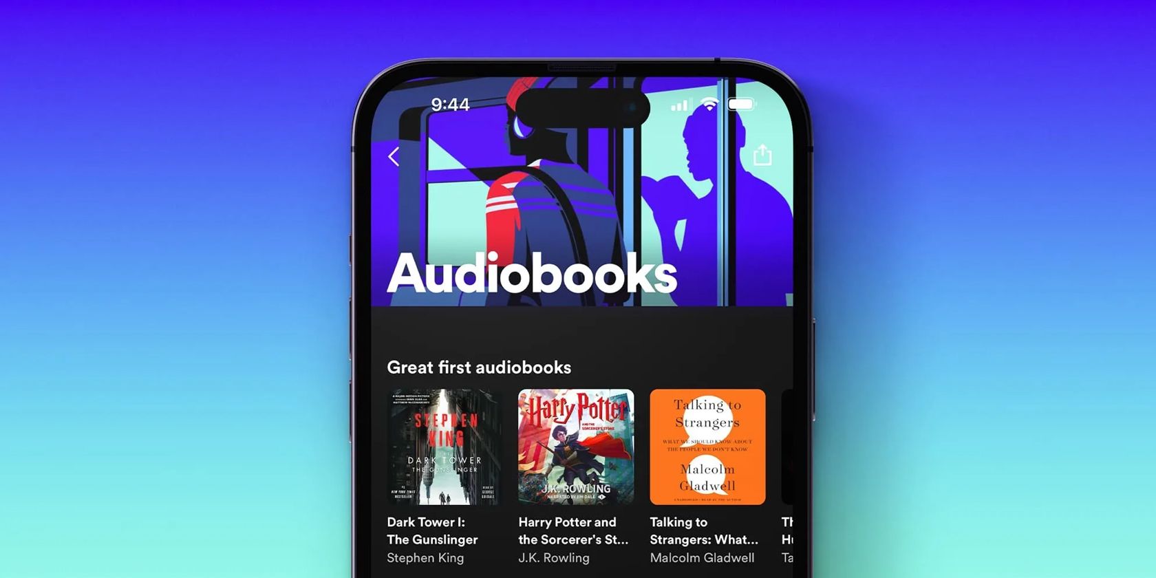 A phone showing the Spotify audiobooks selection screen.