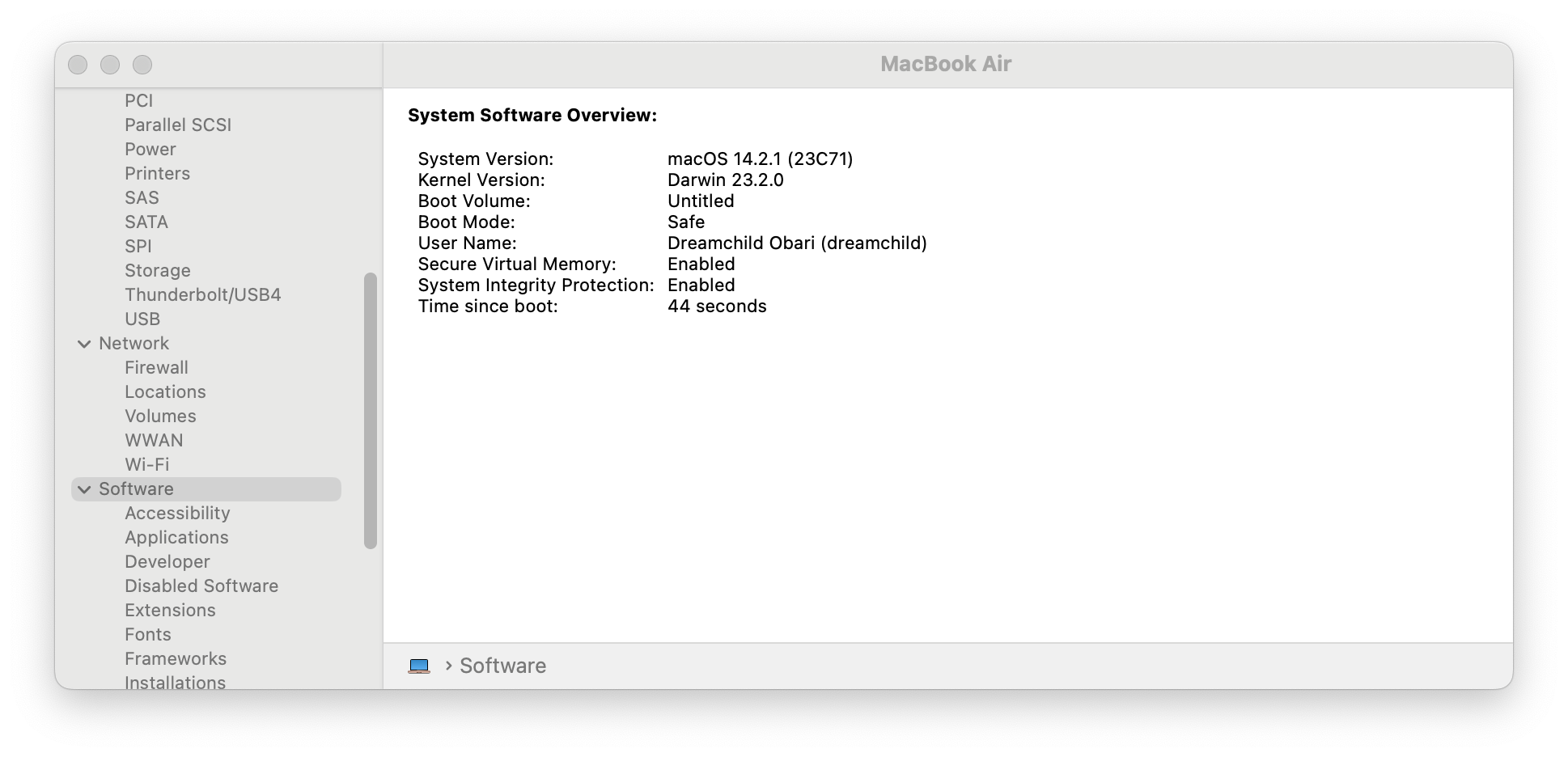 System Report window on macOS