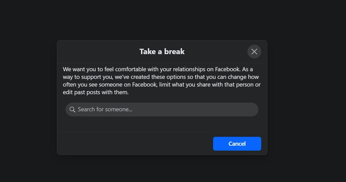 Take a Break search box on Facebook
