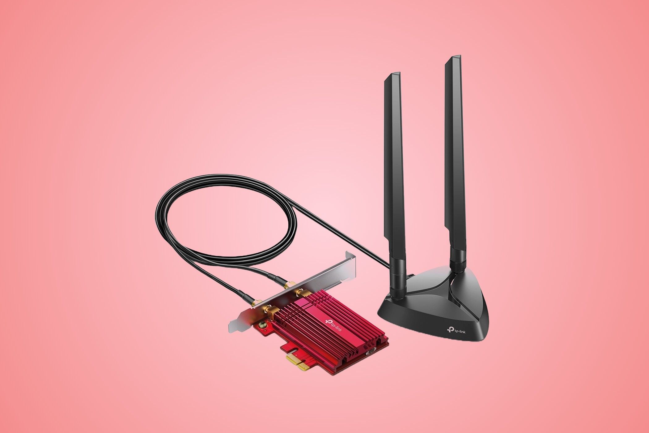 The TP-Link Archer TXE75E Wi-Fi 6E card on a pink background.