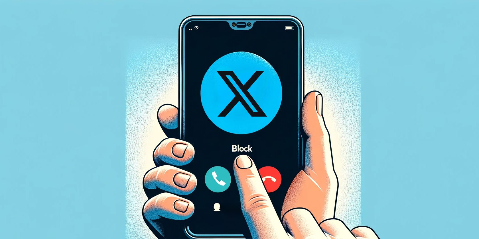 An animation style drawing showing someone blocking calling from social media platform X on their phone.
