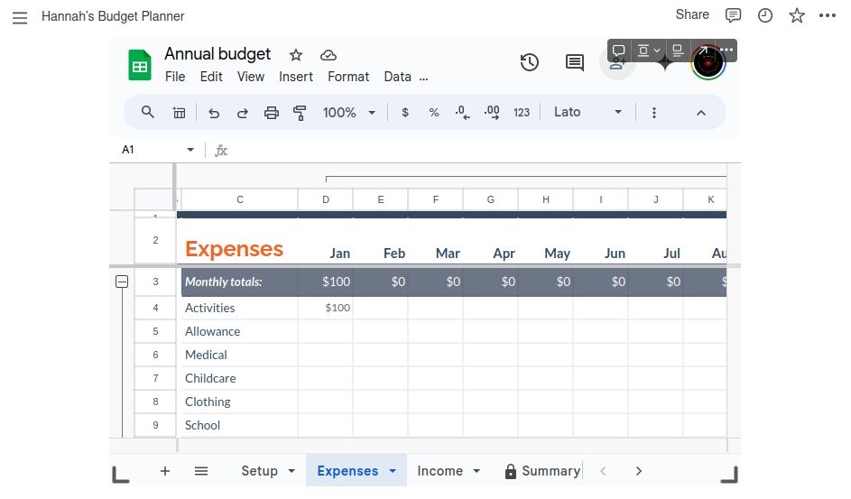 viewing my google sheets budget spreadsheet through a notion embed