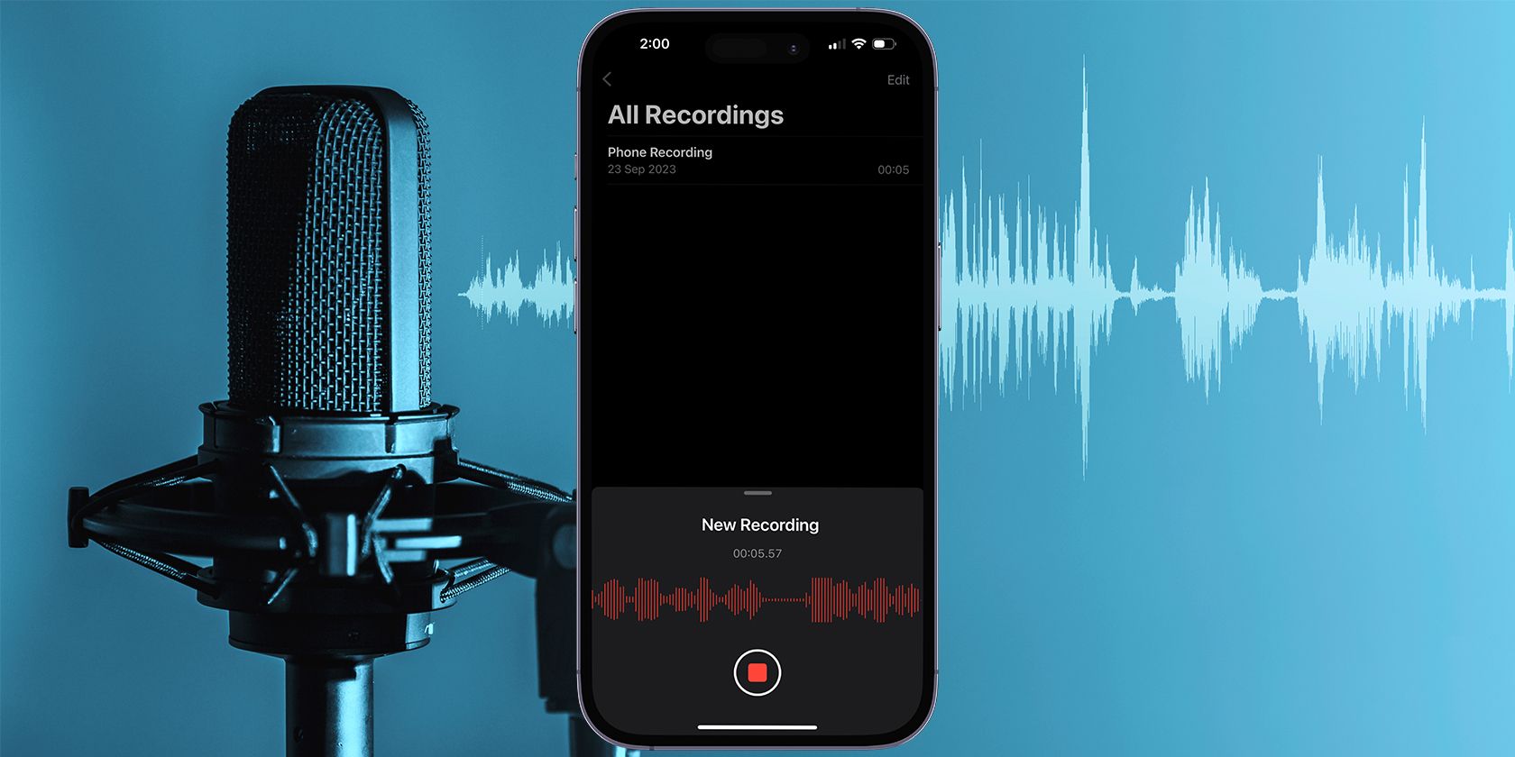 Voice Memos app on an iPhone recording with an studio mic next to it