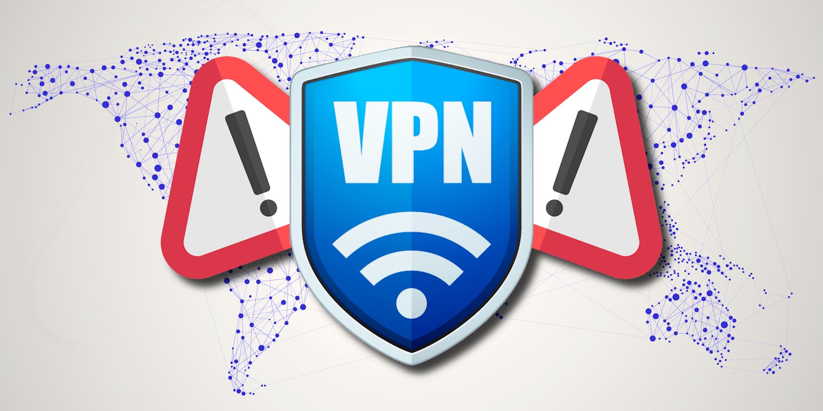 vpn shield with warning signs on world map network connection background