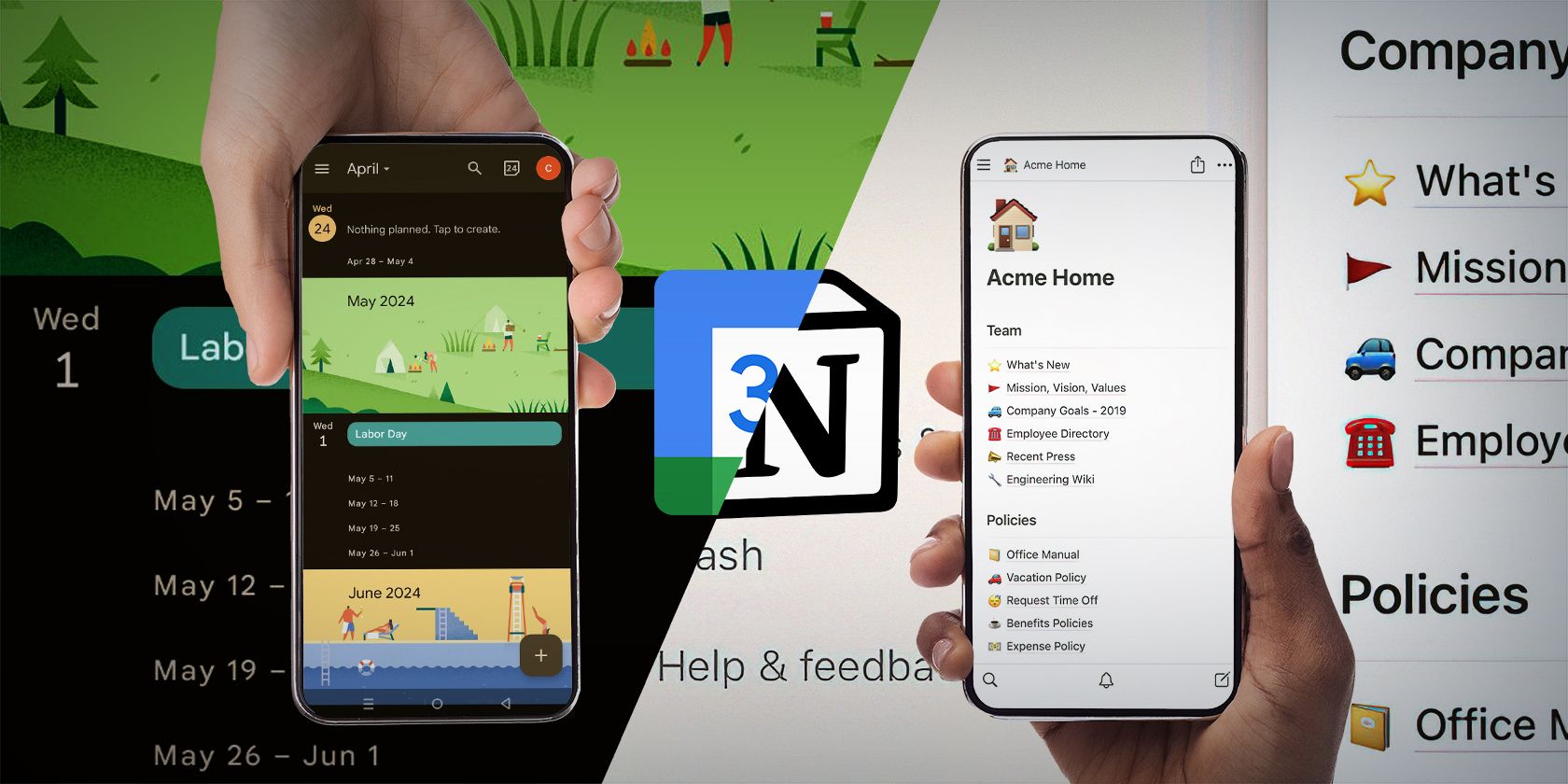 A person holds two smartphones: one displays Google Calendar, and another one for Notion