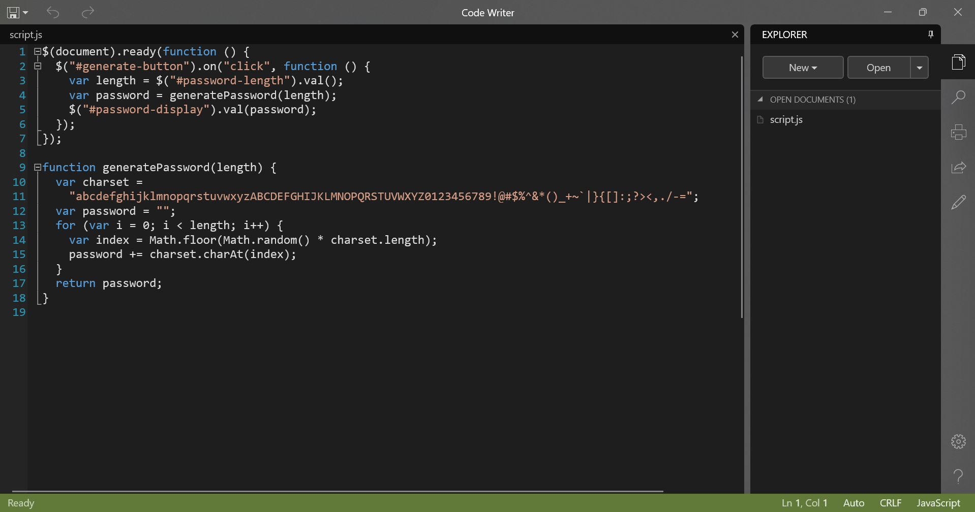 A screenshot showing Code Writer in Use in Windows