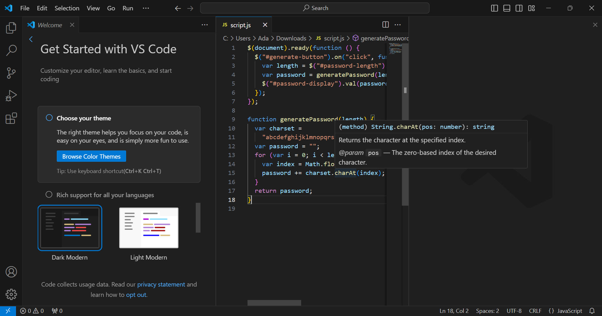 A screenshot showing VS Code in Use in Windows