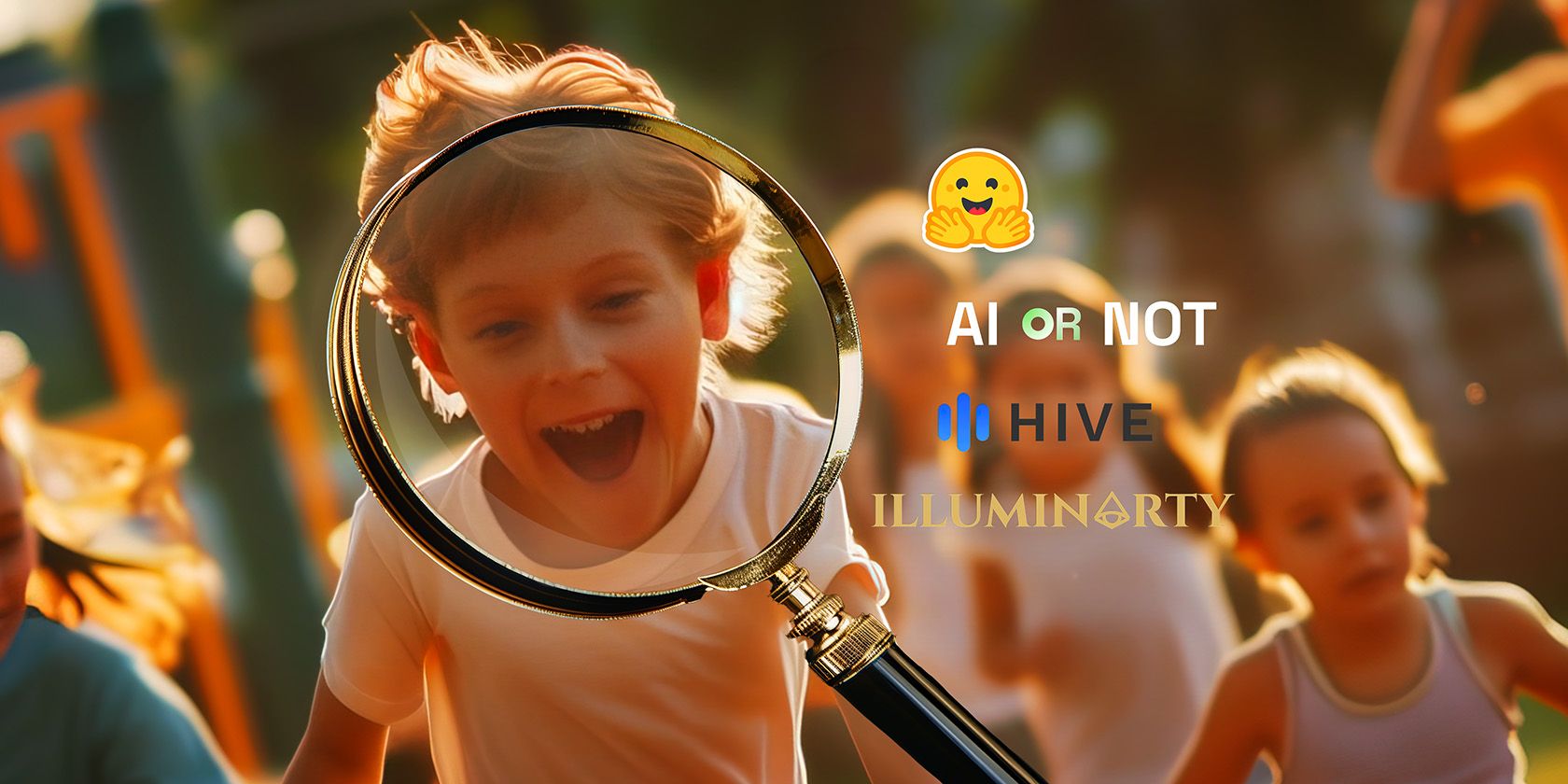 A magnifying glass focuses on a joyful child's face amidst a blurry background of running kids, with various AI-themed icons floating around