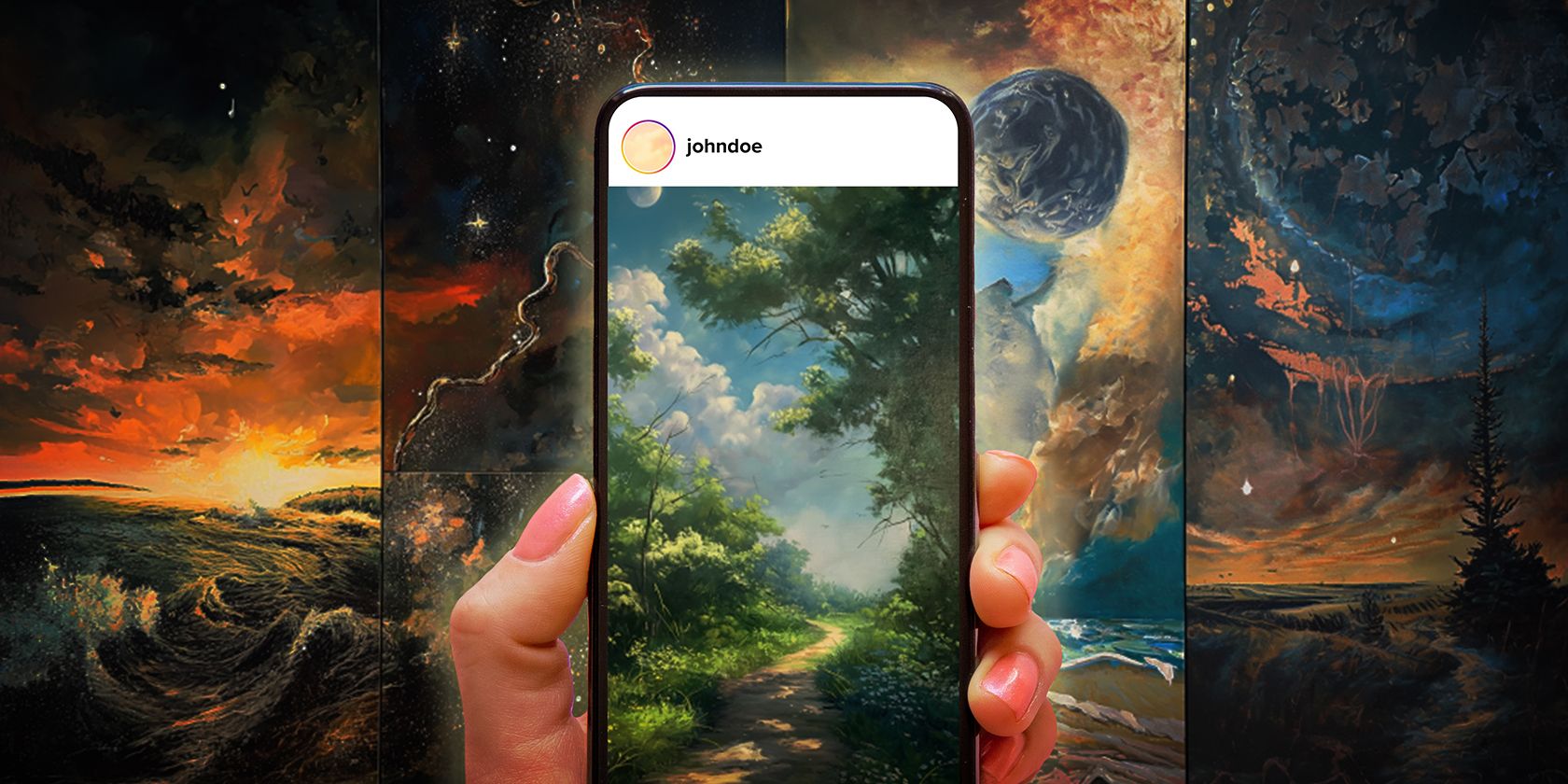  A hand holding a smartphone which displays a serene nature scene, blending seamlessly with the dramatic, artistic landscape background.