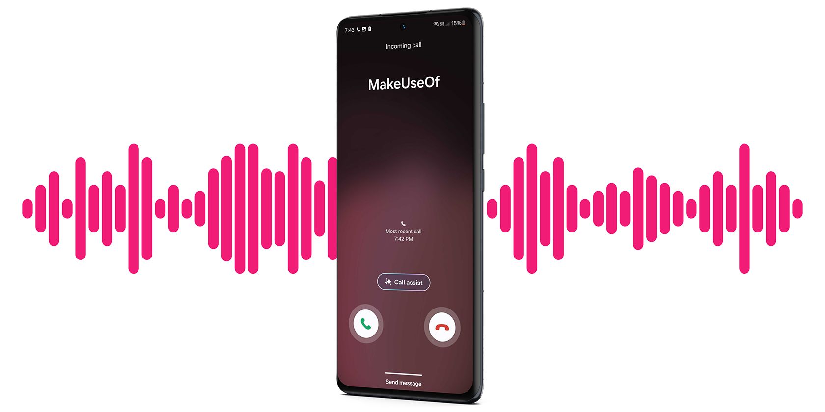 Android phone getting a phone call from MakeUseOf with music equalizer in the background