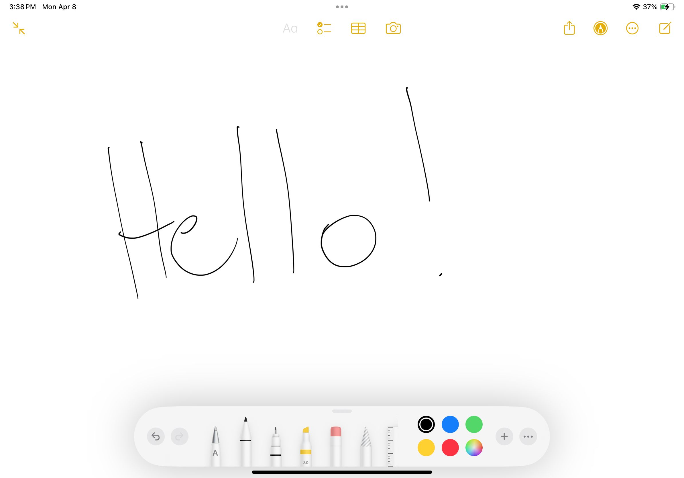 Apple Notes main page with Hello written