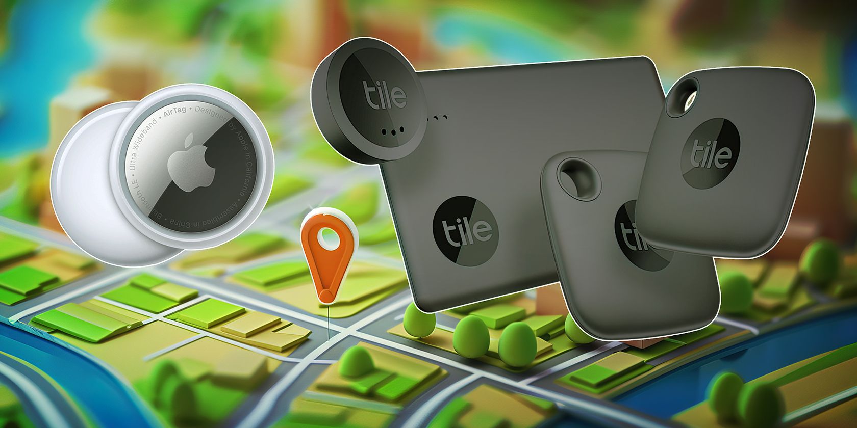 Apple AirTags and Tile trackers are positioned above a colorful map, highlighting the concept of location tracking.
