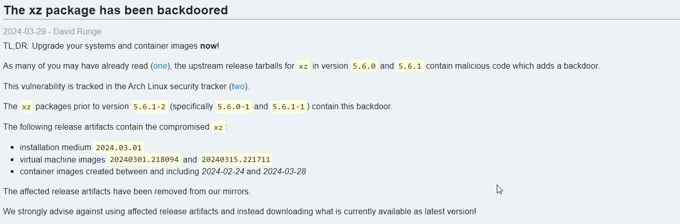 اعلامیه وب سایت آرچ لینوکس از XZ Utils backdoor